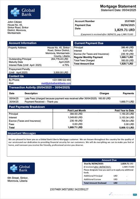 Download Liberia Global Bank Liberia mortgage statement Word and PDF template Photoshop template